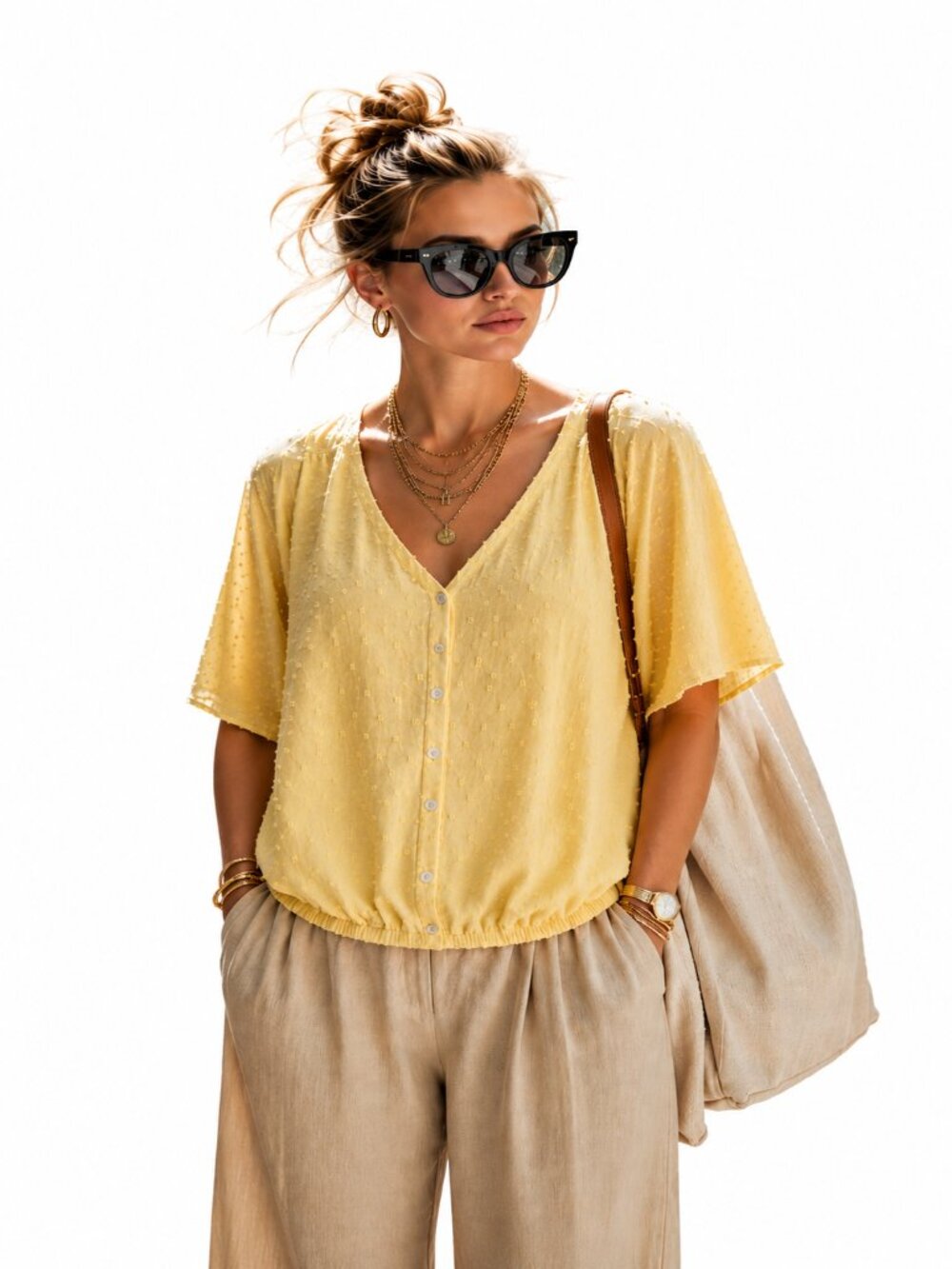 Oversized Eclipse Mustard Yellow Swiss Dot Blouse, blouson style